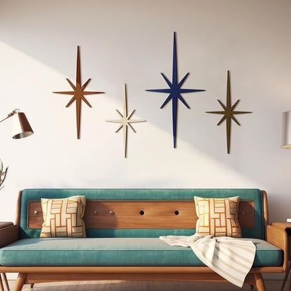 Blulu 4 Pcs Cast Iron Starburst Shaped Wall Decor Metal Mid Century Modern Decor Retro Atomic Stars Wall Art Elegance Accents Vintage Celestial Whimsigoth Hangings for Home Office Room(Neutral)
