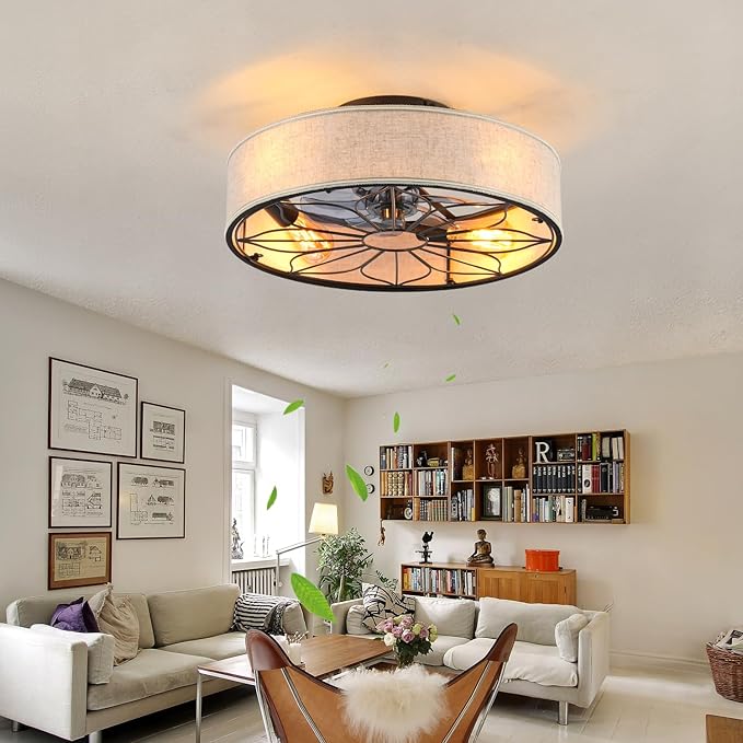 20" Flush Mount Caged Ceiling Fan With Light,Low Profile Fabric Farmhouse Bladeless Ceiling fan With Remote Control,Ceiling Fans with 6 Speeds Reversible Silent Fandalier for Bedroom