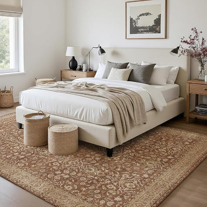 6x9 Area Rugs Reddish Brown Washable Rug for Living Room, Dining Room, Bedroom, Large Carpets, Non Slip & Non-Shedding Low Pile Vintage Print Rug for Home Office Decor