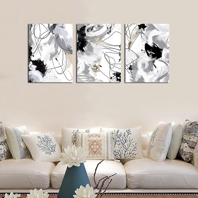 Abstract Canvas Wall Art for Bedroom Bathroom Living Room Wall Decor Black White Grey Modern Abstract Canvas Pictures Abstract Prints Artwork Home Office Wall Decoration 16" x 24" x 3 Pieces