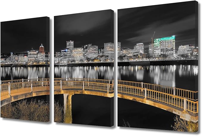 TUMOVO Home Decor Ortland Oregon Downtown City Skyline Pictures Bathroom Decor Wall Art 3 Panel Nighttime Lightscape Contemporary Home Decor Print on Canvas Framed Ready to Hang (36" Wx24 H)