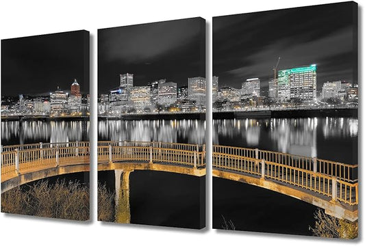 TUMOVO Home Decor Ortland Oregon Downtown City Skyline Pictures Bathroom Decor Wall Art 3 Panel Nighttime Lightscape Contemporary Home Decor Print on Canvas Framed Ready to Hang (36" Wx24 H)