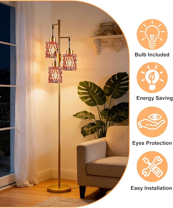 3-Light Modern Glass Floor Lamp, Gold Standing Tall Lamp with Deep Red Cylinder Glass Shade for Reading, Dimmable LED Floor Lamp with 5Lbs Heavy Base for Living Room Bedroom Home Decor, Bulb Included