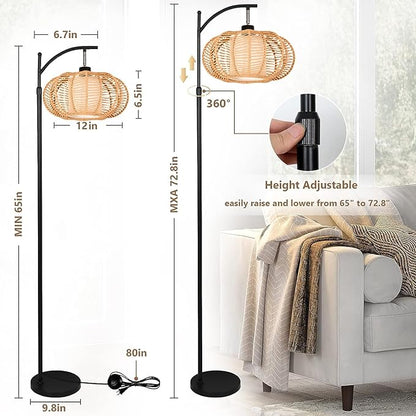 ZECOXOL Arc Floor Lamps for Living Room Bedroom Rattan Boho Floor Lamp with Remote Control,Dimmable Led Standing Lamp Wicker Lamp Shade Rustic Tall Floor Lamp Modern Flower Lamp for Bedroom Corner