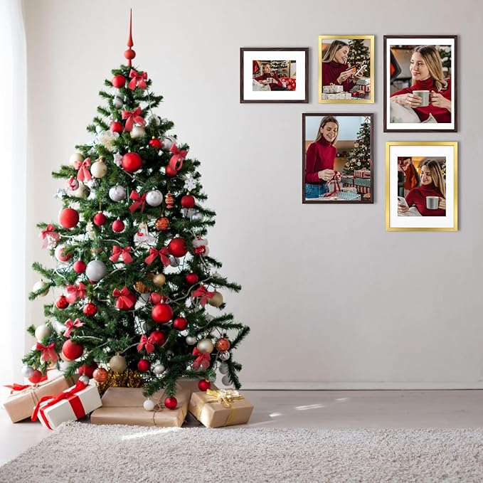 8X10 Brown Picture Frame Set of 6, Collage Wall Decor, Display Pictures 5x7 with Mat or 8x10 Without Mat for Tabletop Display and Wall Mounting