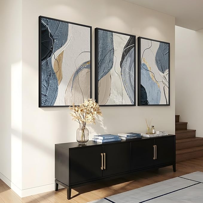 Large Framed Abstract Wall Art for Living Room, Set of 3 Modern Canvas Artwork for Wall, Blue Gray Minimalist Prints Paintings for Bedroom Hallway Office Wall Decor, 24x36 Inch