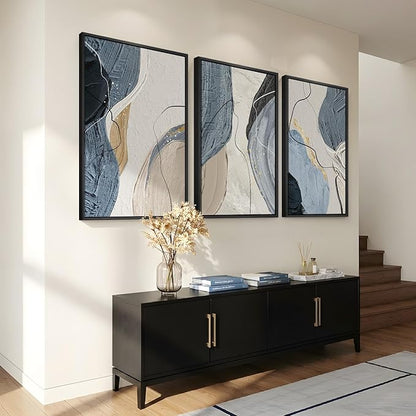 Large Framed Abstract Wall Art for Living Room, Set of 3 Modern Canvas Artwork for Wall, Blue Gray Minimalist Prints Paintings for Bedroom Hallway Office Wall Decor, 24x36 Inch