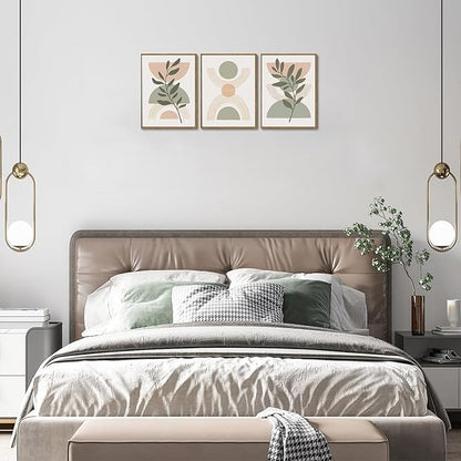 Bwodke Boho Wall Art, Framed Abstract Wall Art, Green Botanical Neutral Canvas Wall Decor, Large Mid Century Plant Pictures Set of 3, Modern Minimalist Paintings, for Bedroom Living Room Bathroom