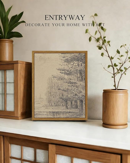 InSimSea Framed Canvas Wall Art, Vintage Sketch Landscape Painting, Rustic Nature Scenery Decor for Living Room Shelf Hallway,10x8in, Beige Tones