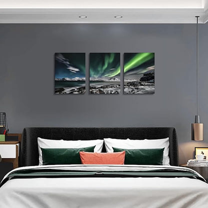 Aurora Scenery Wall Art Green Sky Painting on Canvas Wall decorations for living room Stretched and Framed Canvas Paintings 3 piece bedroom wall decor Ready to Hang for office Decor art