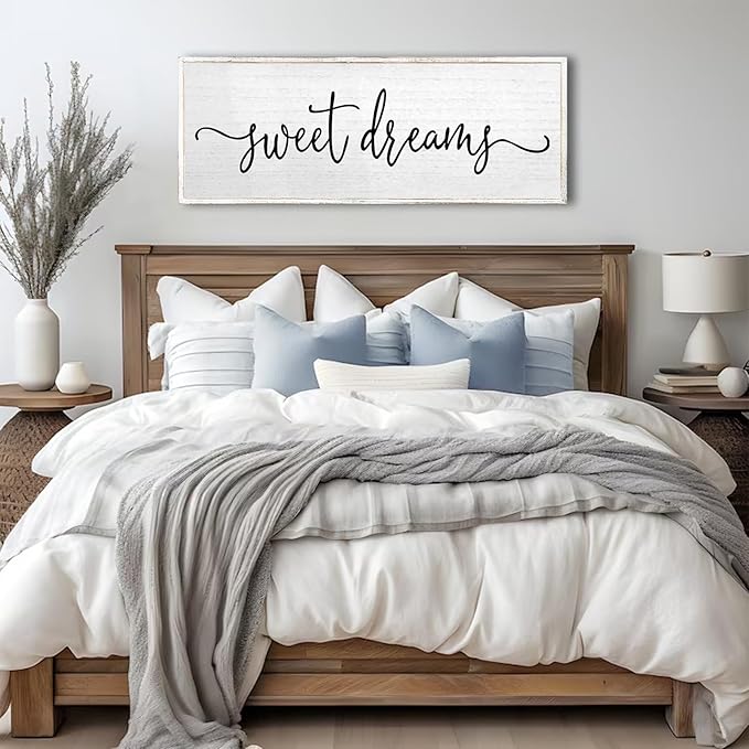 Sweet Dreams Wall Decor Above Bed Sign 32''×12'' Large Wood Framed Master Bedroom Guest Room Sweet Dreams Signs Farmhouse Rustic Wall Art Decoration (White)