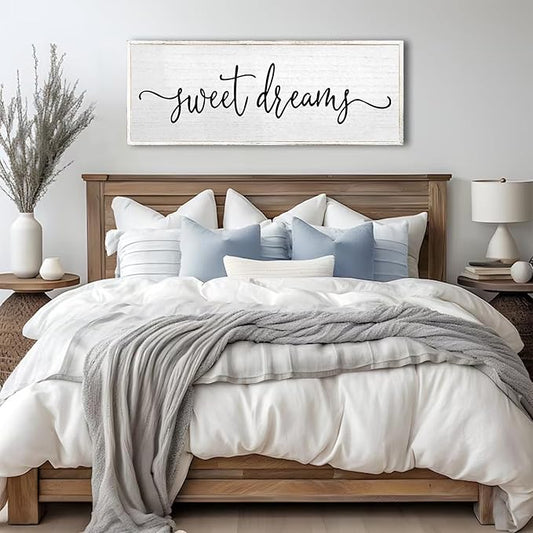 Sweet Dreams Wall Decor Above Bed Sign 24''×10'' Large Wood Framed Master Bedroom Guest Room Sweet Dreams Signs Farmhouse Rustic Wall Art Decoration (White)