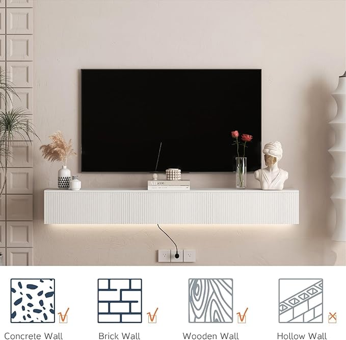 KEIKI 9.17" H x 68.8" L Floating TV Stand Wall Mounted with 16 Color LEDs & Power Outlets for TVs Up to 70 Inch, Wooden Media Console Entertainment Center Television Table Cabinet for Living Room