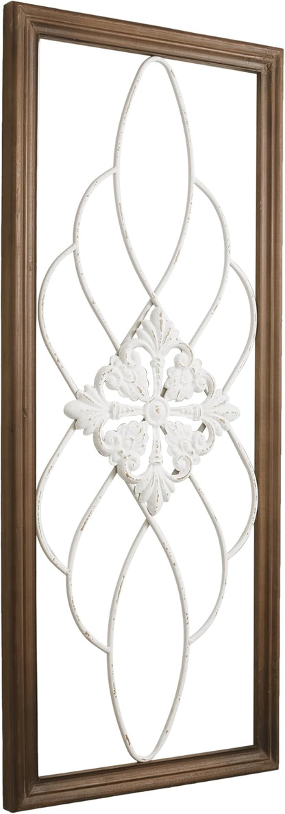 Sintosin Rustic Wood and Metal Wall Art Decor Living Room 14 x 35 Inch, Hanging Distressed White Decorative Vintage Wrought Iron Wall Decor for Living Room Entryway Hallway Bedroom Kitchen