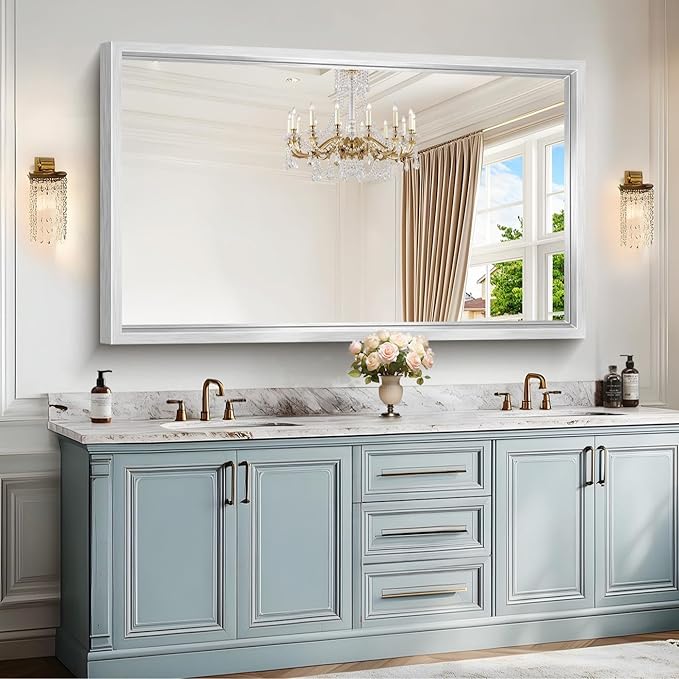 60x36 Inch Brushed Silver Bathroom Mirror, Large Rectangular Mirror for Wall, 0.6" Thickened Deep Frame Mirrors for Bathroom Sink, Shatterproof Tempered Glass, Antirust, Horizontally/Vertically