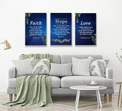 Faith, Hope & Love Bible Verse Inspirational Wall Art, Christian Canvas, A Great Religious Decor Gift for Living Room & Bedroom, (38 x 58cm x 3pcs) Framed Starry Sky