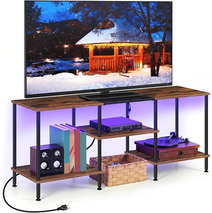 50 Inch TV Stand with Power Outlets and LED Lights, Rustic Brown TV Stands for Living Room Farmhouse Small Entertainment Center with Storage, 3 Tier TV Media Console Table for 50 43 40 32 Inch TV