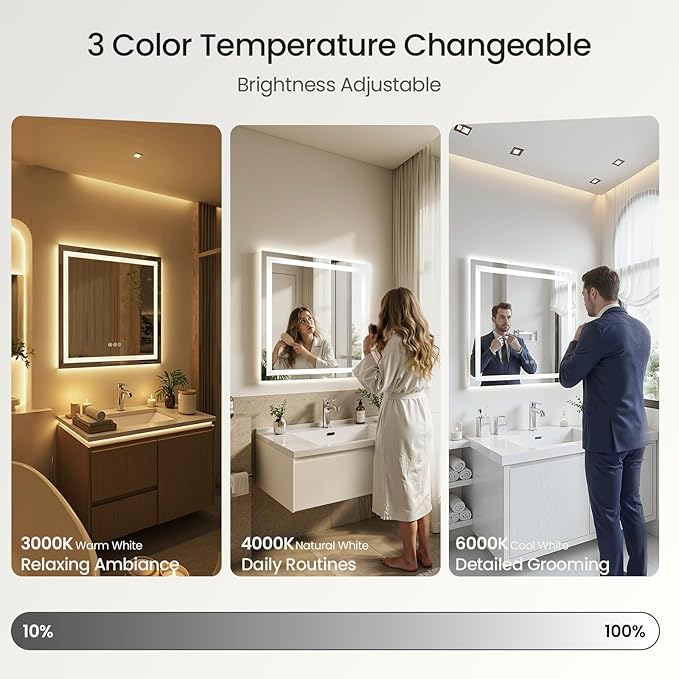 30X36 LED Bathroom Mirror with Lights, Anti-Fog, Dimmable - Lighted Bathroom Vanity Mirror with Front & Back Light, 3 Color Temperatures, Memory Function, Tempered Glass (Horizontal/Vertical)