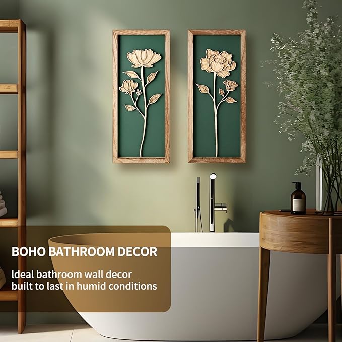3D Floral Green Wall Art, Wood Boho Framed Wall Arts for Bathroom, Bedroom, Living Room, Dinning Room or Office, Lightweight Green Farmhouse Decor Gift - Set of 2