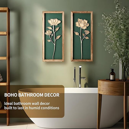 3D Floral Green Wall Art, Wood Boho Framed Wall Arts for Bathroom, Bedroom, Living Room, Dinning Room or Office, Lightweight Green Farmhouse Decor Gift - Set of 2