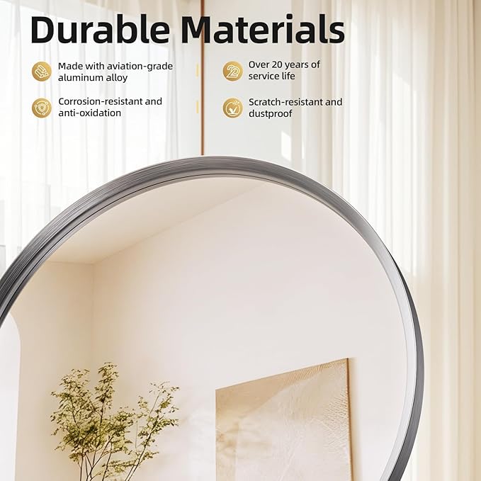 Large Brushed Nickel Round Bathroom Mirror for Wall, 32 inch Sliver Circle Mirror for Wall, New Frame Design, Tempered Glass,Wall Mounted Circle Mirror for Vanity, Entryway, Bedroom, Restroom