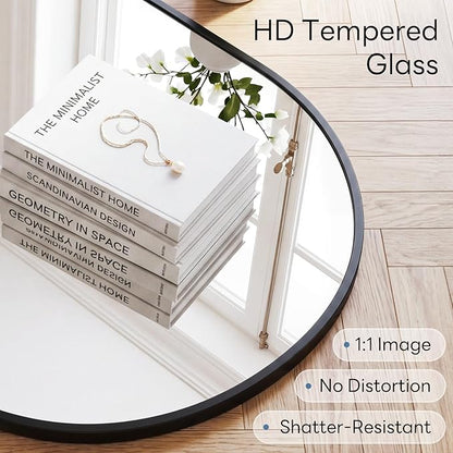 Sweetcrispy 24" x 48" Black Bathroom Mirror for Wall, Oval Wall Mirror with Metal Frame, Tempered Glass, Modern Vanity Mirror for Over Sink, Living Room, Bedroom, Entryway, Horizontal or Vertical