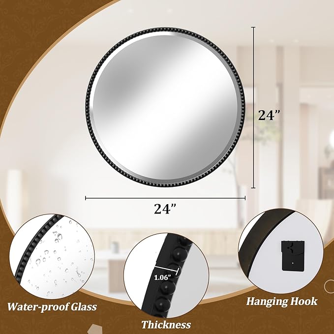 24 Inch Round Bathroom Mirror - Luxurious Retro Beaded Circle Decorative Wall Mirror with PU Frame Hanging Leaning as Art Decor for Entryway, Bedroom, Living Room, Hallway, Black