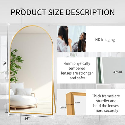 Beauty4U Arched Full Length Mirror 76" x 34", Gold Large Full Body Mirror with Stand, Floor Standing & Wall Mounted HD Tempered Glass Dressing Mirror for Bedroom, Living Room, Entryway