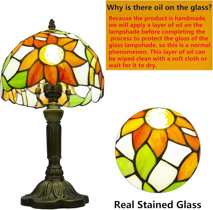 Tiffany Style Table Lamp, 3 Color Temperatures Bedside Lamp, 8 Inch Stained Glass Desk Light for Home Office Bedroom Living Room (Sunflower Pattern)