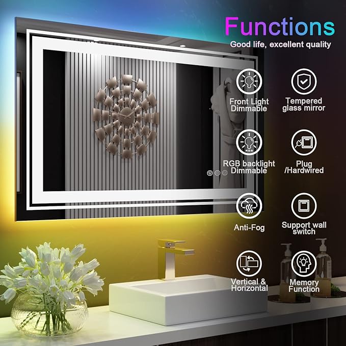 Snowdool LED Mirror for Bathroom, 40"X32" with 8 RGB Backlit +3 Front Lit (Adjustable Individually), Anti-Fog, Lighted Bathroom Vanity Mirror for Wall, Shatterproof, Memory Function, Tempered Glass