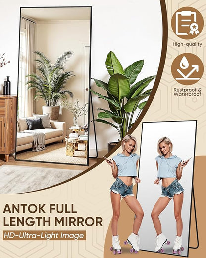 Antok 71''x32'' Full Length Mirror, Shatterproof HD Oversized Floor Mirror with Stand, Aluminum Alloy Frame Leaning Standing or Wall Mounted Mirror for Bedroom Living Room Entryway, Black