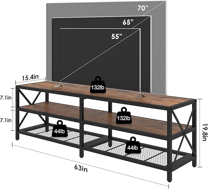 Bigbiglife TV Stand for TVs Up to 75 Inches, Industrial Entertainment Center with 3 Tier Open Shelves, TV Console Table for Living Room, Bedroom, Rustic Brown (75 inch)