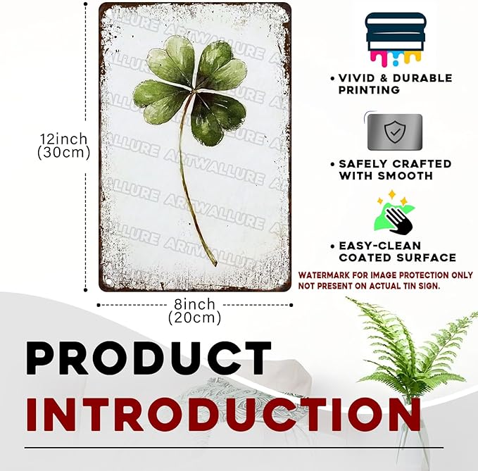 Retro Metal Tin Sign Four Leaf Clover Art Rustic Wall Decor Good Luck Charm Decor Green Nature Wildlife Watercolor Metal Sign Meadow Flower Modern Floral Garden Home Decor 8x12inch