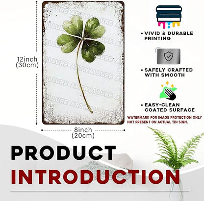 Retro Metal Tin Sign Four Leaf Clover Art Rustic Wall Decor Good Luck Charm Decor Green Nature Wildlife Watercolor Metal Sign Meadow Flower Modern Floral Garden Home Decor 8x12inch