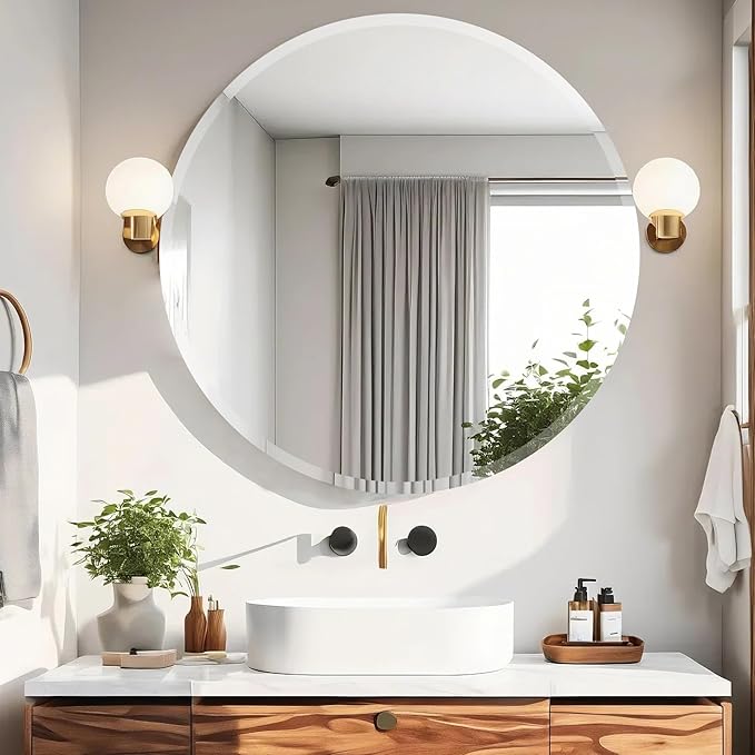 24 Inch Round Frameless Bathroom Mirror, Beveled Round Mirror, Circle Vanity Mirror with 1" Beveled Edge for Bathroom, Entryways, Living Room