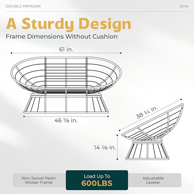Bme Double Papasan Chair, 600lbs Capacity, Ergonomic Design, Soft Thick Fabric Cushion, Bee-Designed Base, Durable Steel Frame, 61", Onyx Stone - Black Base