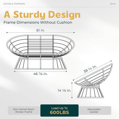Bme Double Papasan Chair, 600lbs Capacity, Ergonomic Design, Soft Thick Fabric Cushion, Bee-Designed Base, Durable Steel Frame, 61", Onyx Stone - Black Base