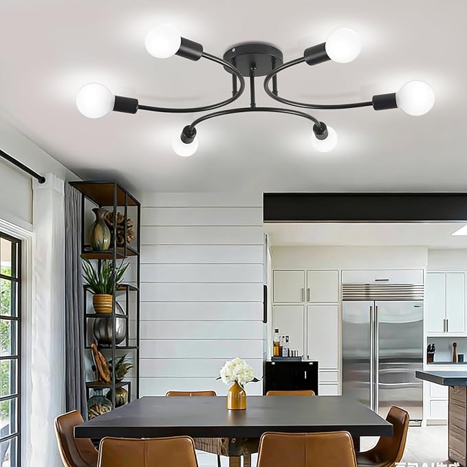 FRIXCHUR 6-Light Sputnik Chandelier, Black Mid-Century Modern Semi Flush Mount Ceiling Light, Metal Fixture with E26 Sockets for Bedroom, Living Room, Kitchen (Bulbs Not Included)