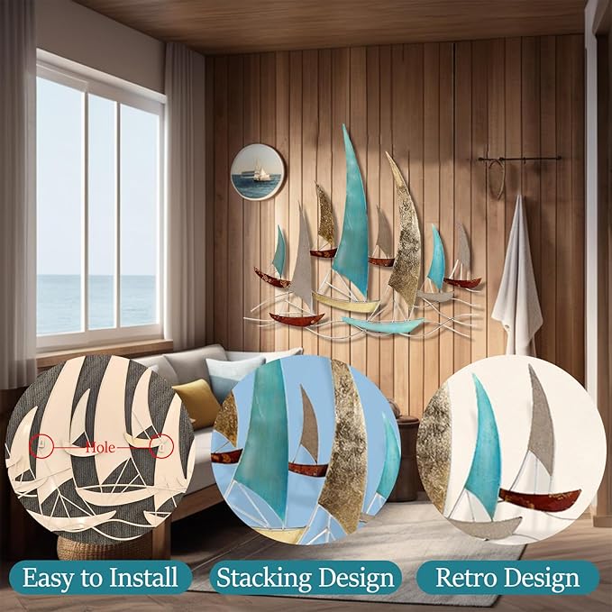 edaknez 3D Metal Ship Wall Decor, Large Sailboat Wall Sculpture, Coastal Nautical Ocean Wall Art, Metal Boat Wall Hanging, for Living Room Bedroom Indoor Outdoor (Distressed Rustic)
