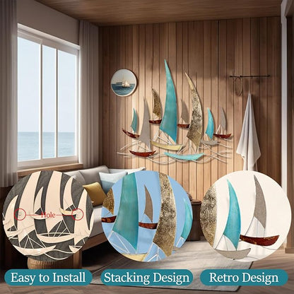 edaknez 3D Metal Ship Wall Decor, Large Sailboat Wall Sculpture, Coastal Nautical Ocean Wall Art, Metal Boat Wall Hanging, for Living Room Bedroom Indoor Outdoor (Distressed Rustic)