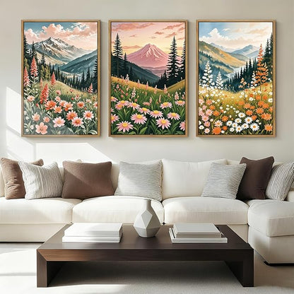 ANHUIB Colorful Landscape Wall Art 16x24 Inch Abstract Mountain Forest Wall Decor Wildflower Blossom Artwork Nature Scenery Painting Set of 3 for Living Room Bedroom Dining Room
