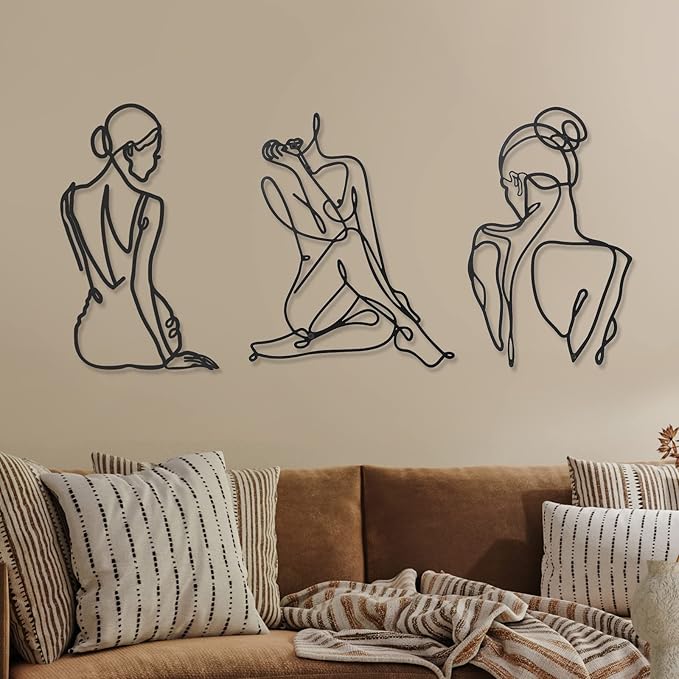 Photect 3 Pcs Metal Wall Art Decor Minimalist Abstract Woman Wall Art Metal Modern Line Drawing Decor Female Single Line Home Hanging for Bedroom Bathroom Living Room Housewarming(Retro,Black)