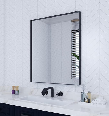 VocalStar Black Metal Framed Bathroom Mirror for Wall, 28 x 36 Inch Square Corner Rectangle Matte Black Bathroom Vanity Mirror Farmhouse, 1/4-inch Shatterproof Glass | Ultra-Flush Hanging