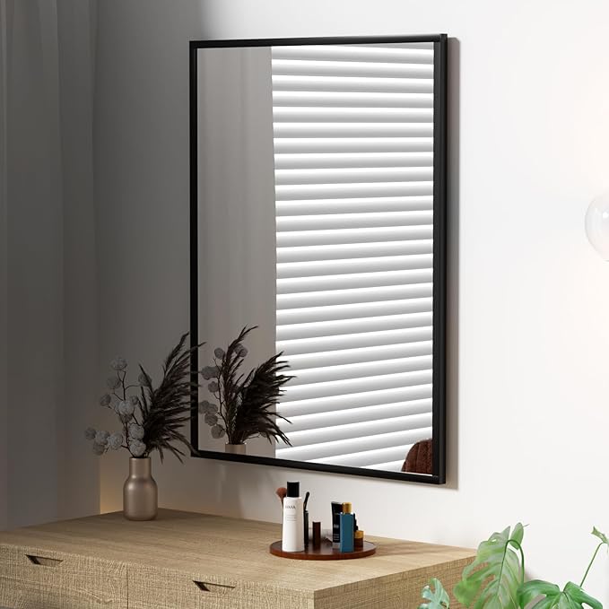 Rectangular Wall Mirror, Black Aluminum Frame, 24x32 Inches, Modern Style, Tempered Glass, Wall Mount for Bathroom Bedroom Living Room