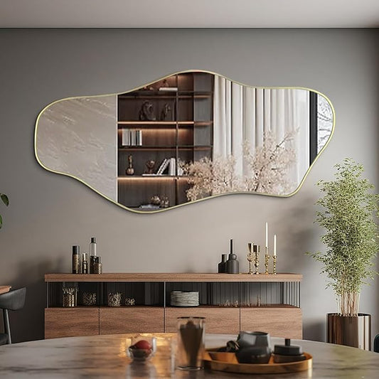 Large Irregular Mirror, 59"x25.5" Asymmetrical Frameless Mirrors, Gold Organic Shape Wall Mirrors for Living Room Bedroom Hallway Entryway, Horizontal or Vertical Hanging