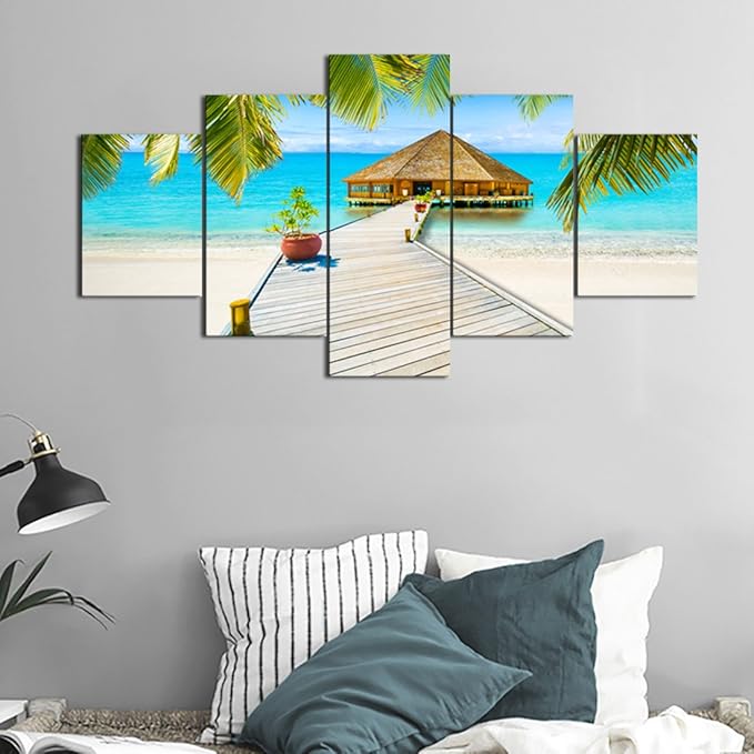Beach Palm Tree House Scene of Sea Landscape Picture Modern Painting on Canvas 5 Piece Framed Wall Art for Living Room Bedroom Kitchen Home Decor Gallery Wrap Giclee Print (60’’W x 32’’H)