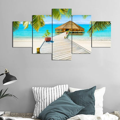 Beach Palm Tree House Scene of Sea Landscape Picture Modern Painting on Canvas 5 Piece Framed Wall Art for Living Room Bedroom Kitchen Home Decor Gallery Wrap Giclee Print (60’’W x 32’’H)
