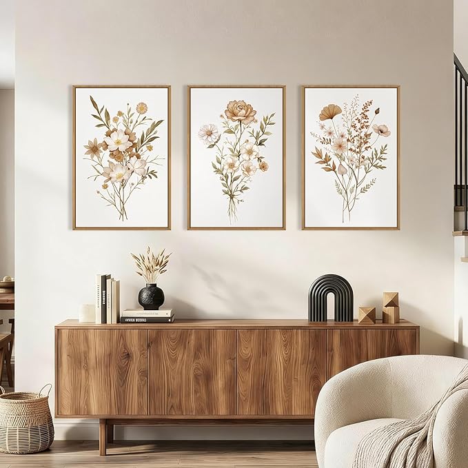 KAIRNE Neutral Boho Floral Framed Canvas Wall Art Set, Vintage Botanical FlowerWall Decor, Minimalist Wildflower Art Prints, Modern Beige Artwork for Living Room, Bedroom, Farmhouse, Office-24 x36 x3