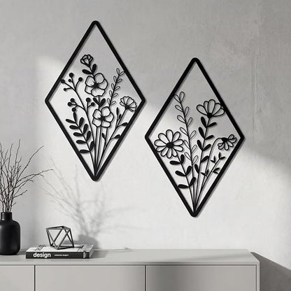 PullCrease 2 Pcs Metal Wall Art, Metal Flower Wall Decor, Modern Floral Art for Living Room, Bedroom, Bathroom, Rustic Farmhouse Decor, Sculpture Kitchen Decoration (Black)