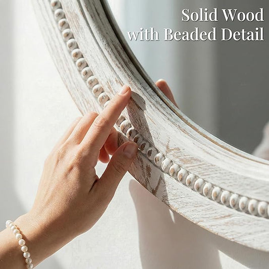 30" White Round Wood Mirror for Bathroom Vanity, Distressed Solid Wood Wall Mirror - French Country Beaded Circle Mirror for Coastal Bedroom & Nursery